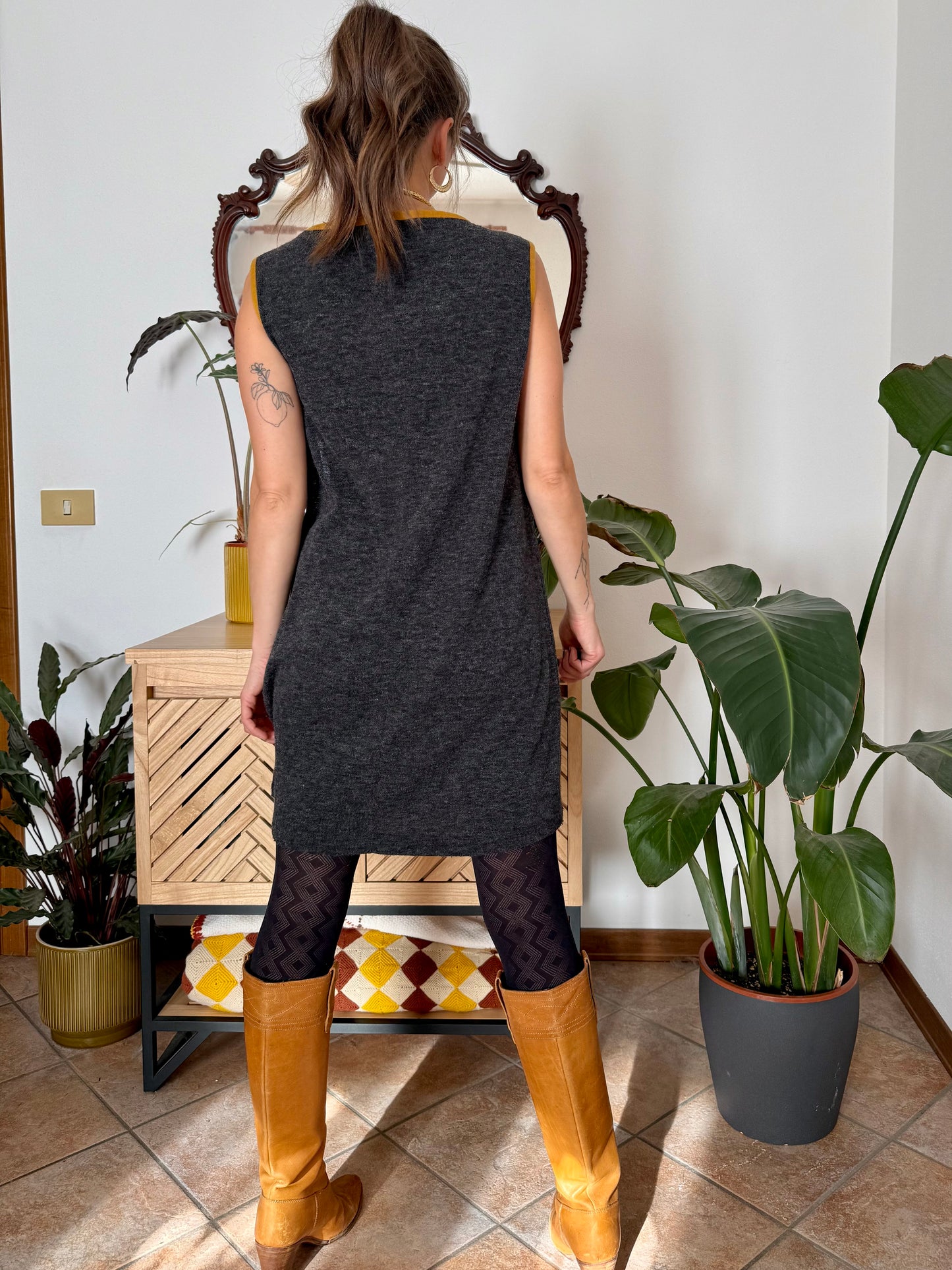 1970's vintage charcoal grey will knit mini dress with yellow trimming