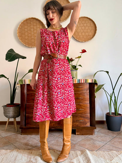 1990's vintage red midi dress with white and blue floral print