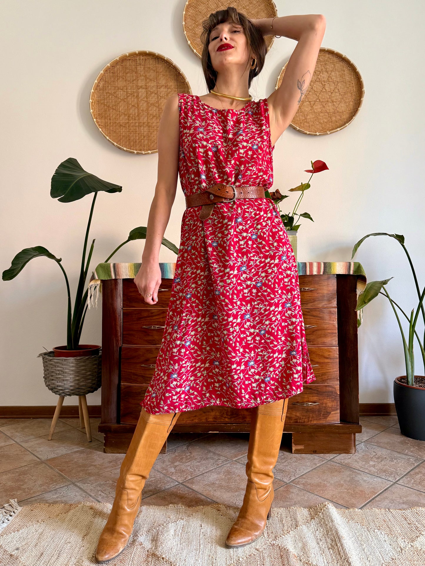 1990's vintage red midi dress with white and blue floral print