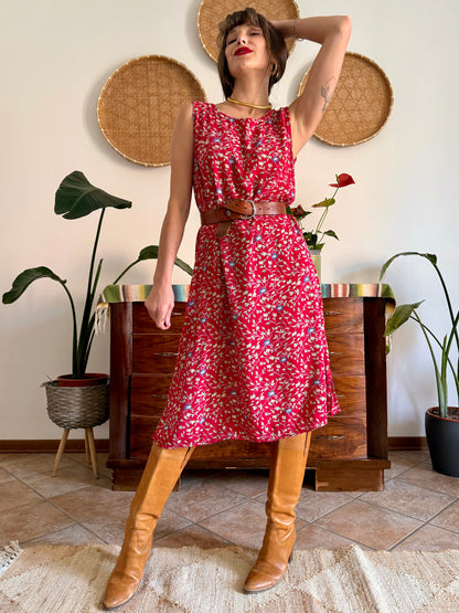 1990's vintage red midi dress with white and blue floral print
