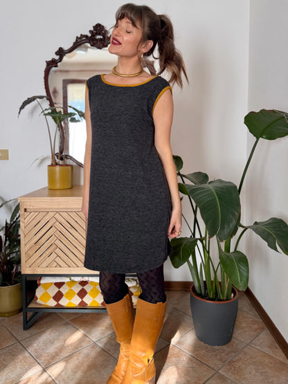 1970's vintage charcoal grey will knit mini dress with yellow trimming