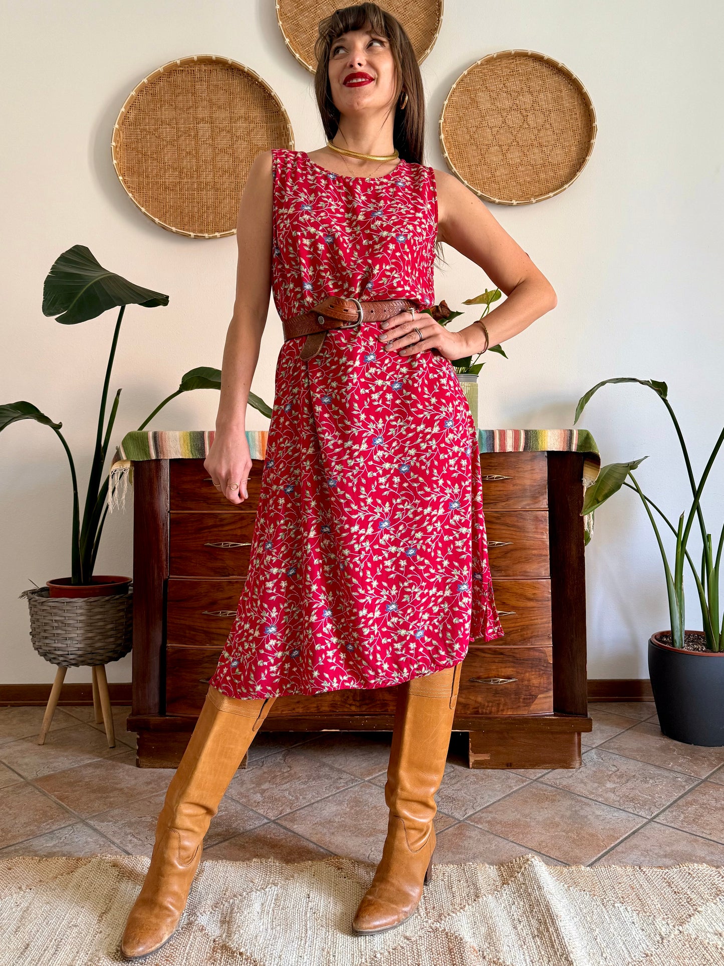 1990's vintage red midi dress with white and blue floral print