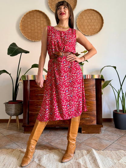 1990's vintage red midi dress with white and blue floral print