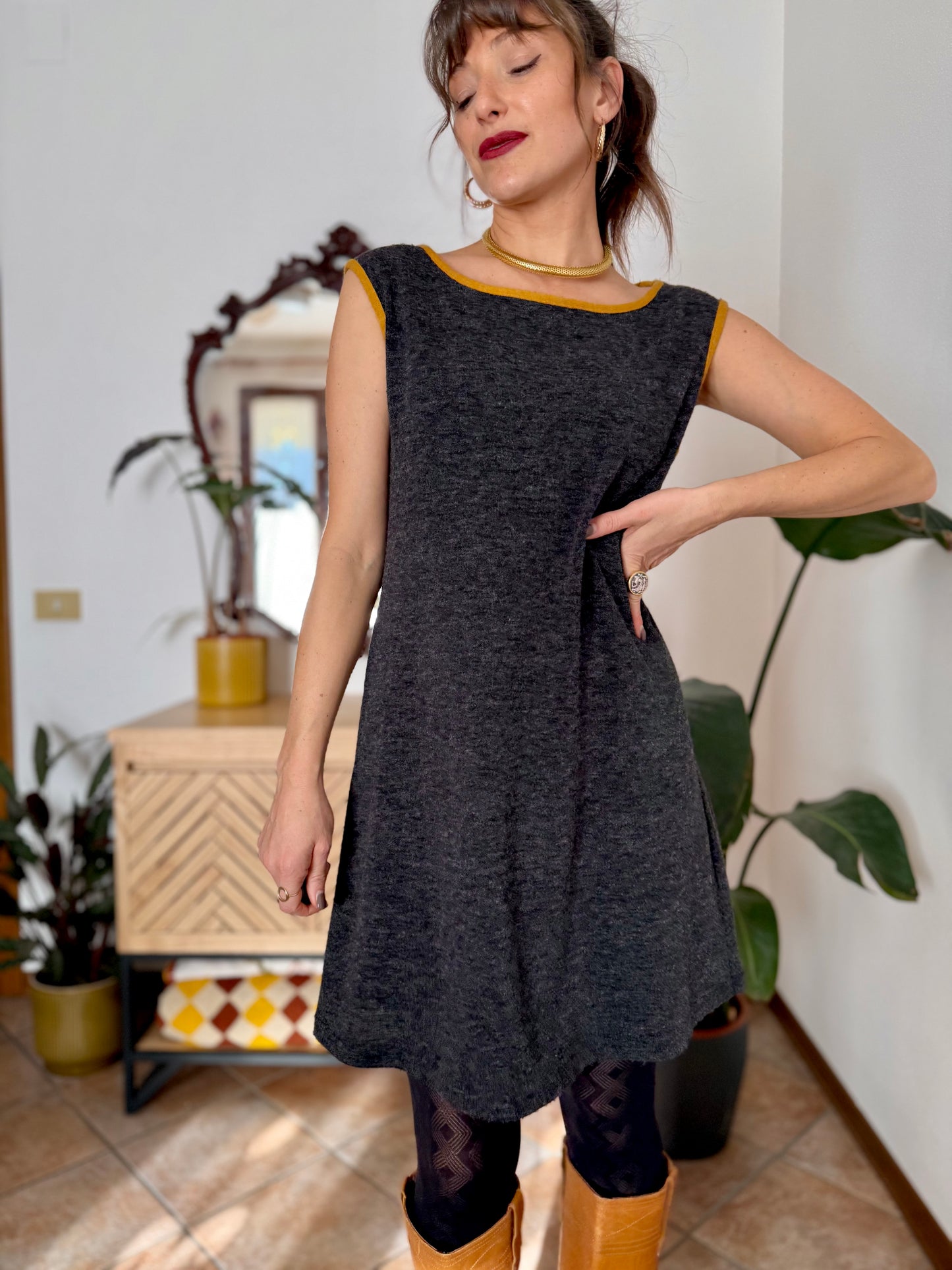 1970's vintage charcoal grey will knit mini dress with yellow trimming