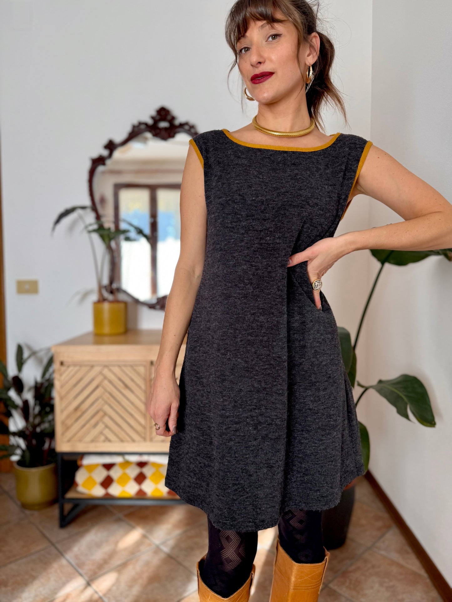 1970's vintage charcoal grey will knit mini dress with yellow trimming