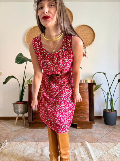 1990's vintage red midi dress with white and blue floral print