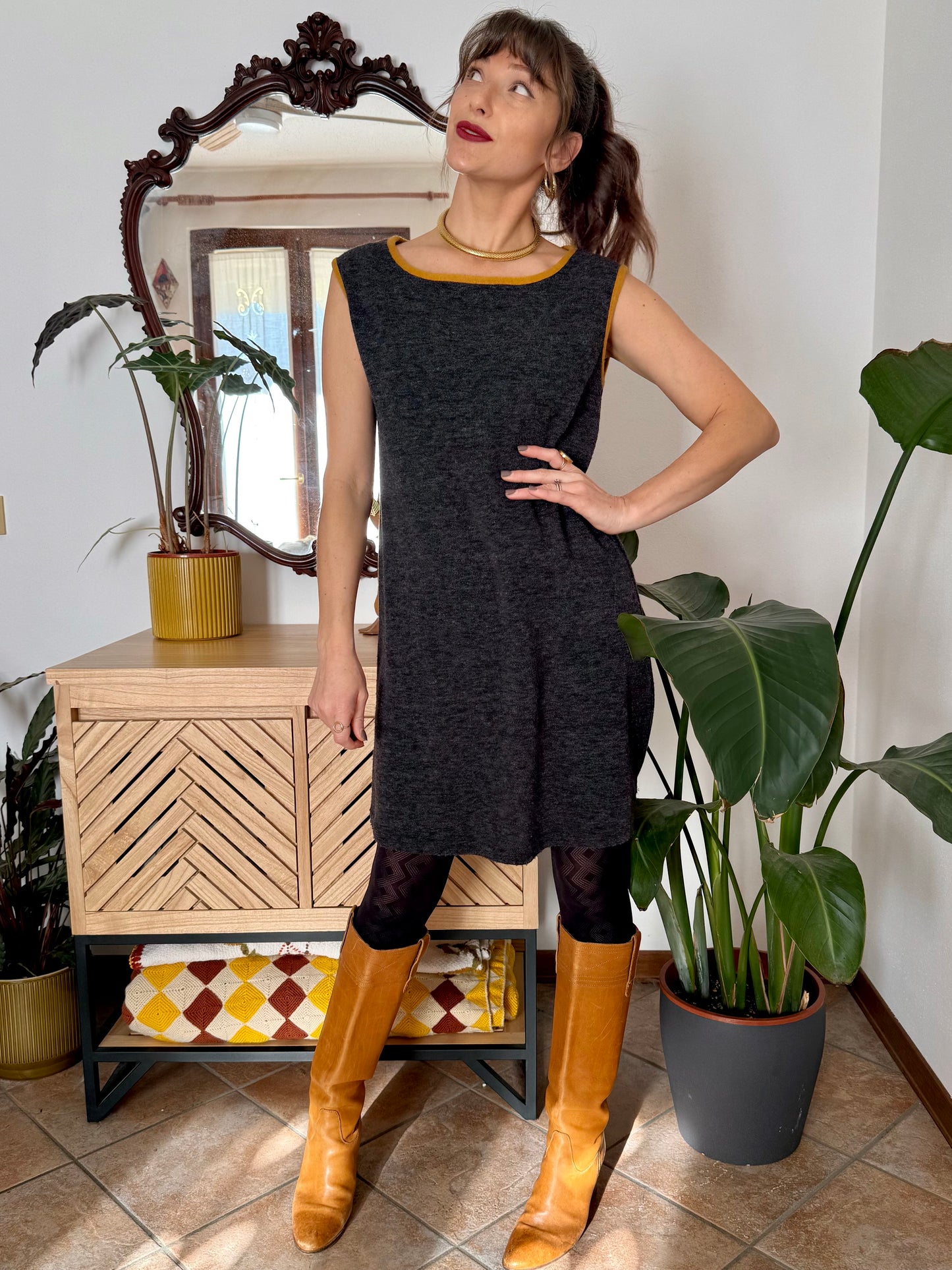 1970's vintage charcoal grey will knit mini dress with yellow trimming