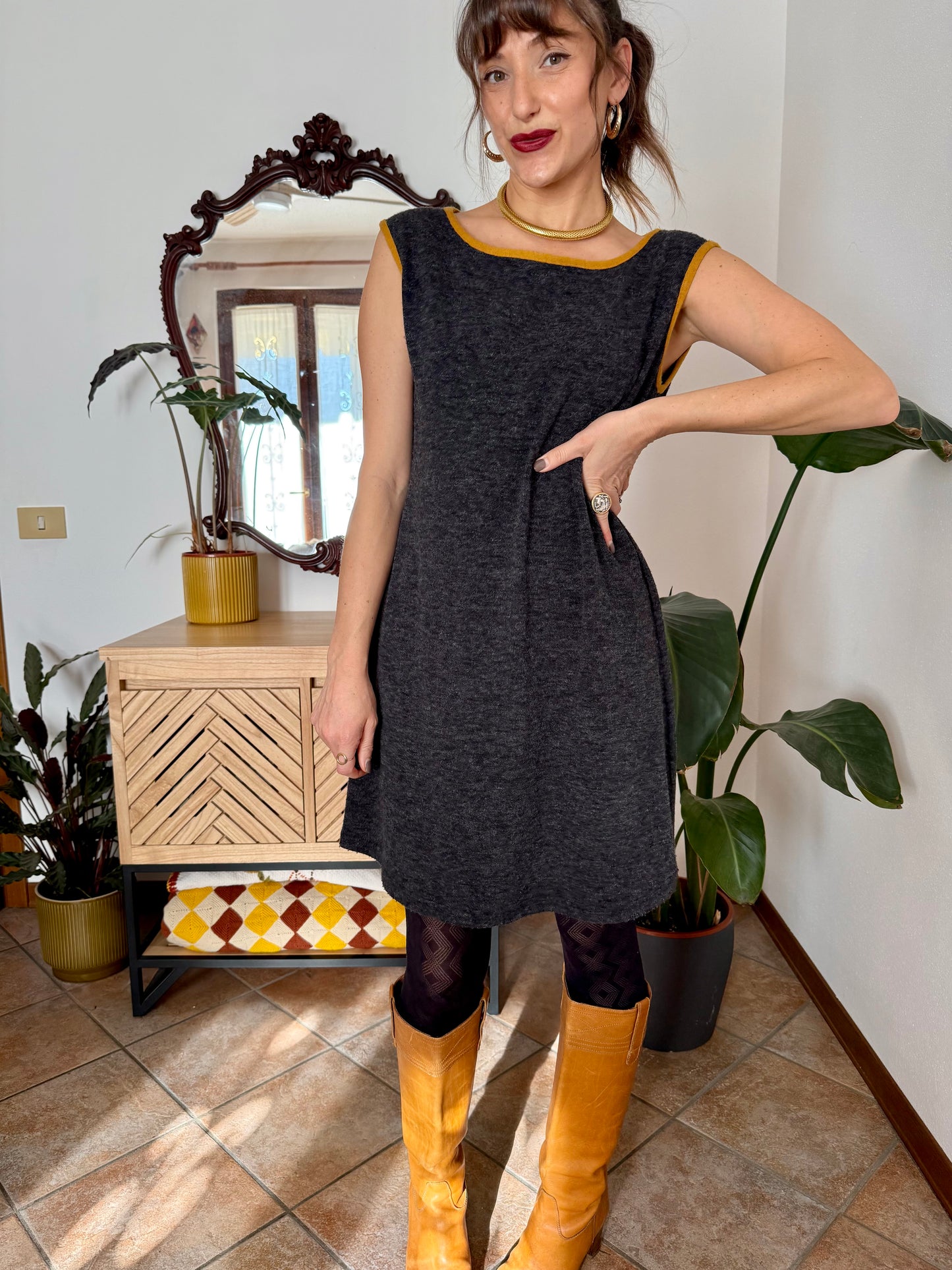 1970's vintage charcoal grey will knit mini dress with yellow trimming