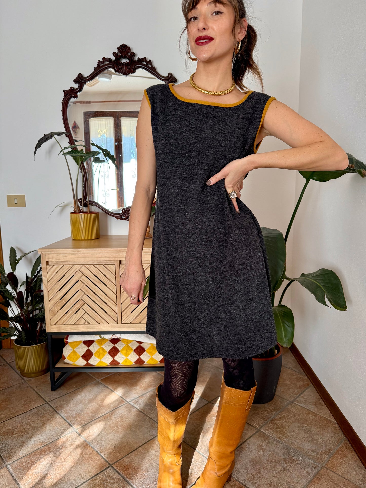 1970's vintage charcoal grey will knit mini dress with yellow trimming