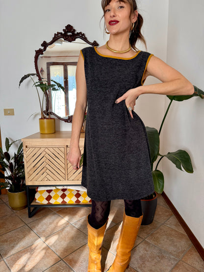 1970's vintage charcoal grey will knit mini dress with yellow trimming