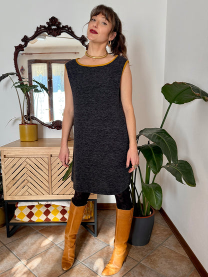 1970's vintage charcoal grey will knit mini dress with yellow trimming