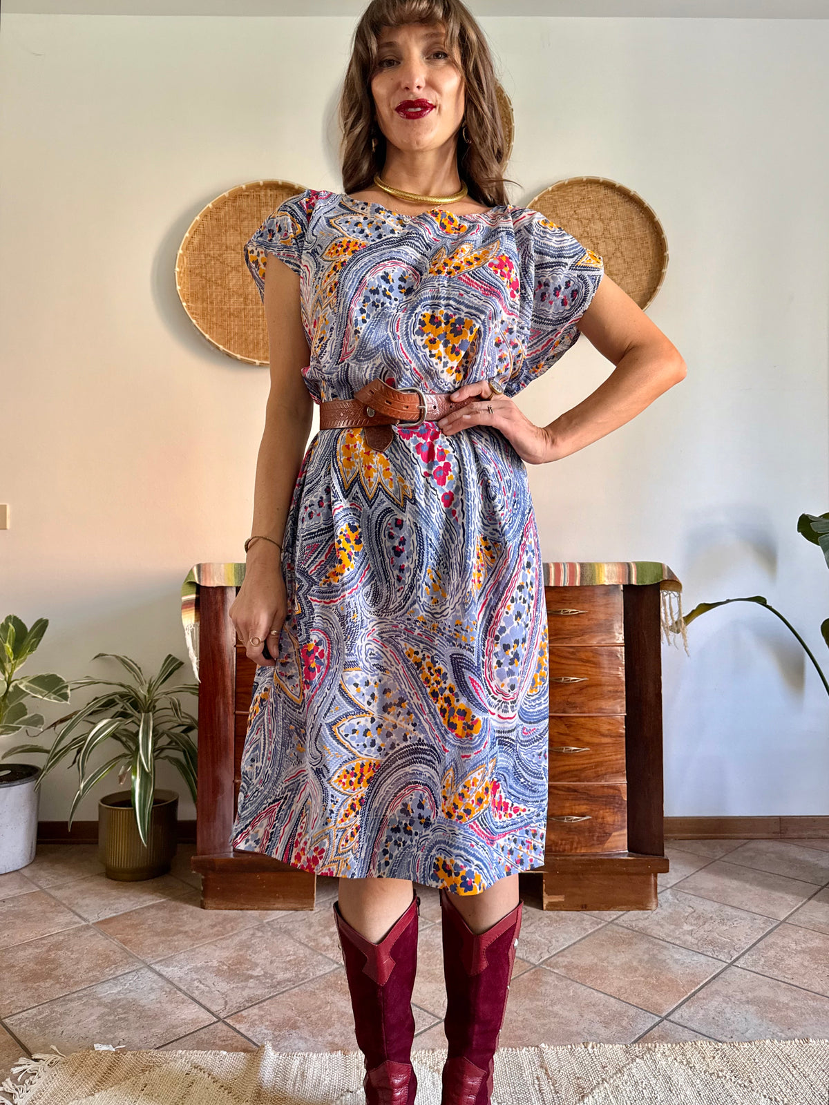 1970's vintage blue, red and yellow semi sheer paisley print midi dress