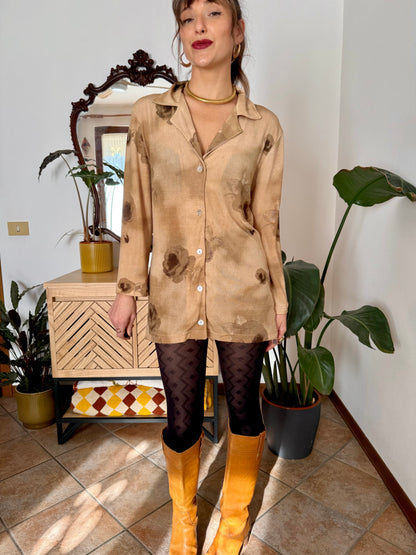 1970's vintage beige and chocolate brown floral print micro mini dress