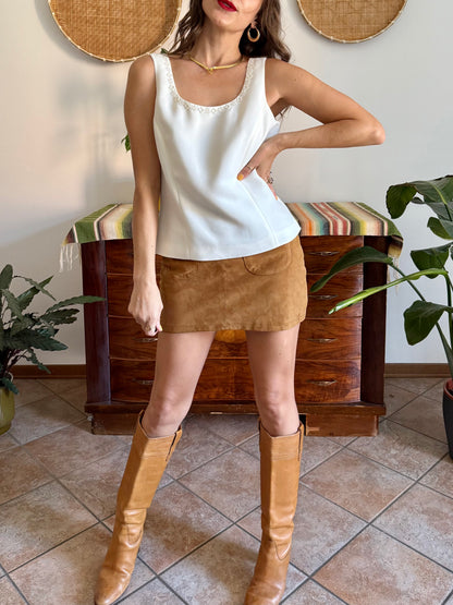 1990’s vintage cream structured sleeveless blouse with cream glass bead detailing