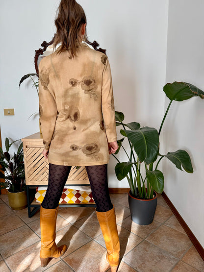 1970's vintage beige and chocolate brown floral print micro mini dress