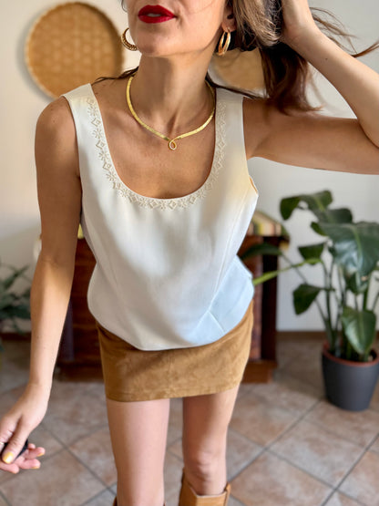 1990’s vintage cream structured sleeveless blouse with cream glass bead detailing