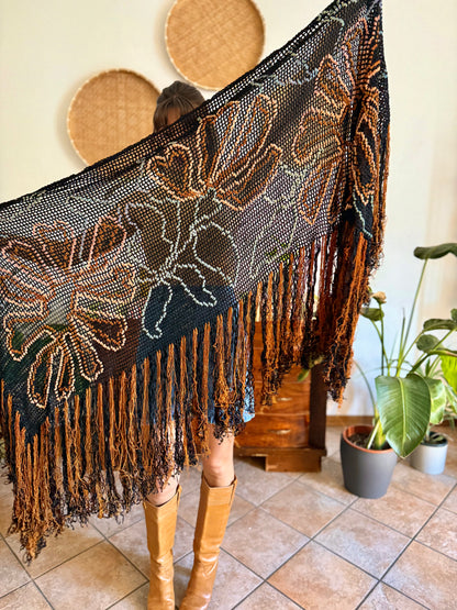 1970's vintage black and tan floral chenille knit shawl with fringe detailing