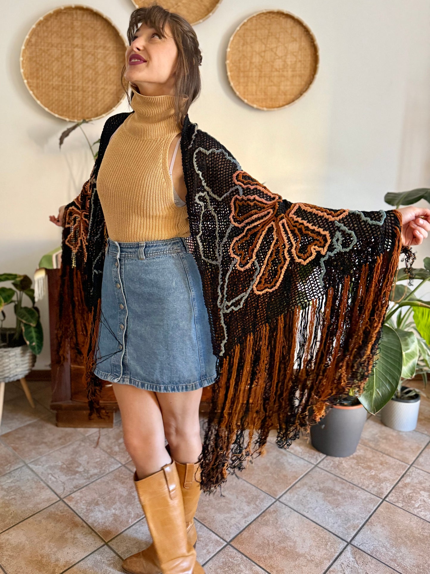 1970's vintage black and tan floral chenille knit shawl with fringe detailing
