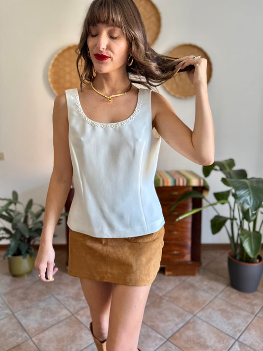 1990’s vintage cream structured sleeveless blouse with cream glass bead detailing