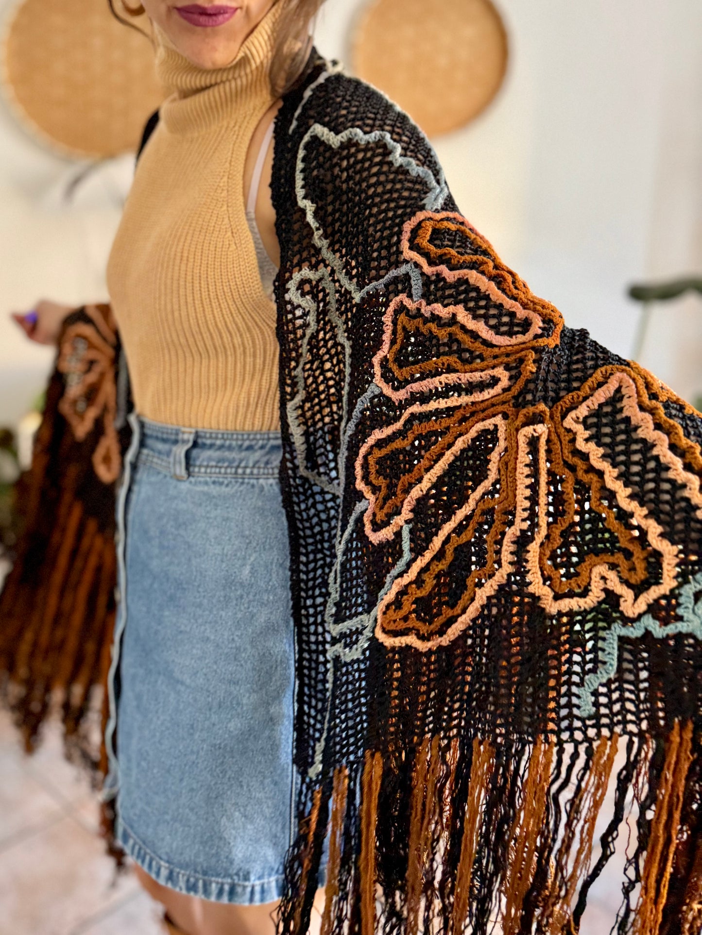 1970's vintage black and tan floral chenille knit shawl with fringe detailing