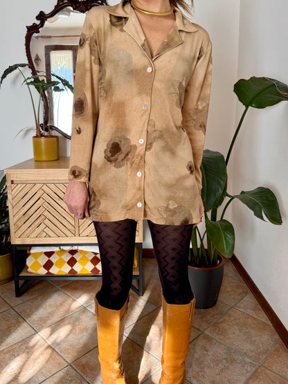 1970's vintage beige and chocolate brown floral print micro mini dress