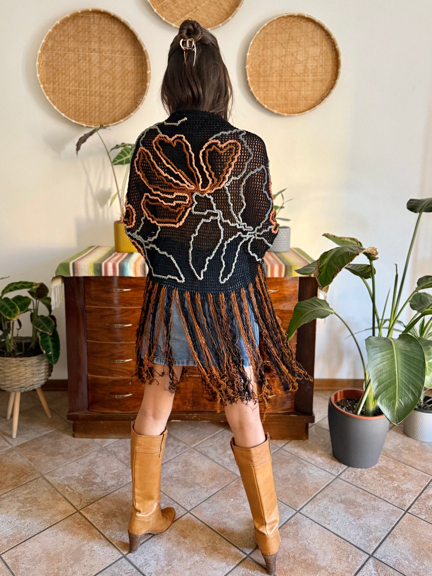 1970's vintage black and tan floral chenille knit shawl with fringe detailing