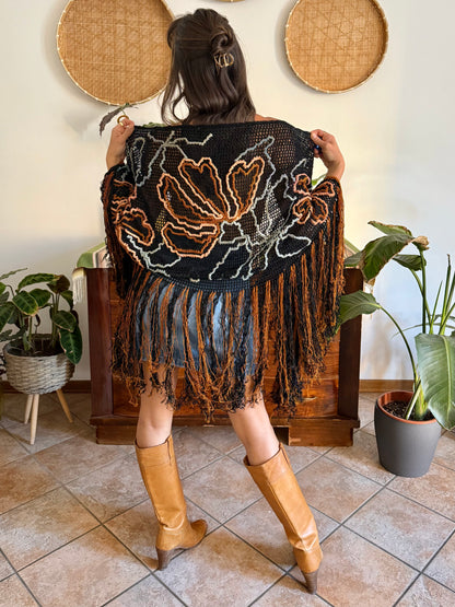1970's vintage black and tan floral chenille knit shawl with fringe detailing
