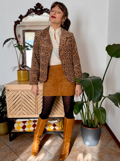 1970's vintage chocolate brown and butter yellow velvet floral blazer