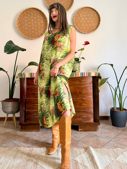 1990's vintage green and burgundy safari print maxi dress