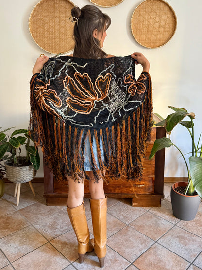 1970's vintage black and tan floral chenille knit shawl with fringe detailing
