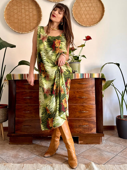 1990's vintage green and burgundy safari print maxi dress