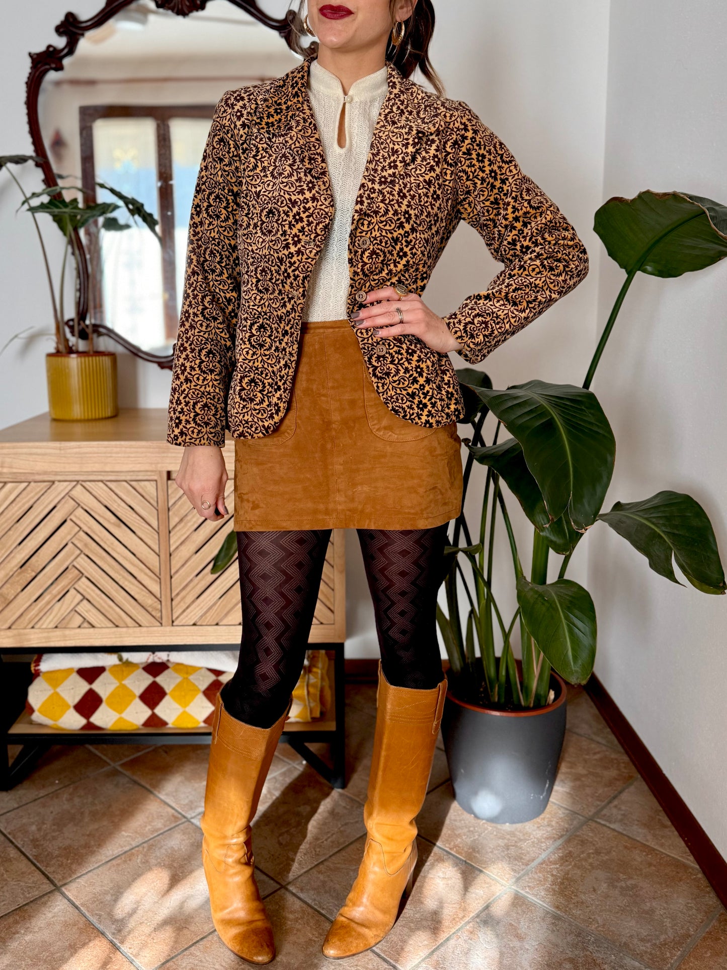 1970's vintage chocolate brown and butter yellow velvet floral blazer