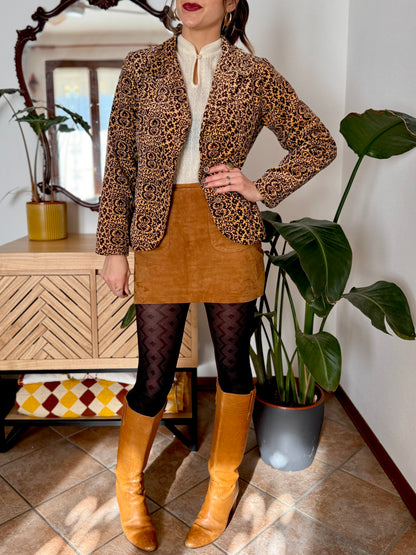 1970's vintage chocolate brown and butter yellow velvet floral blazer