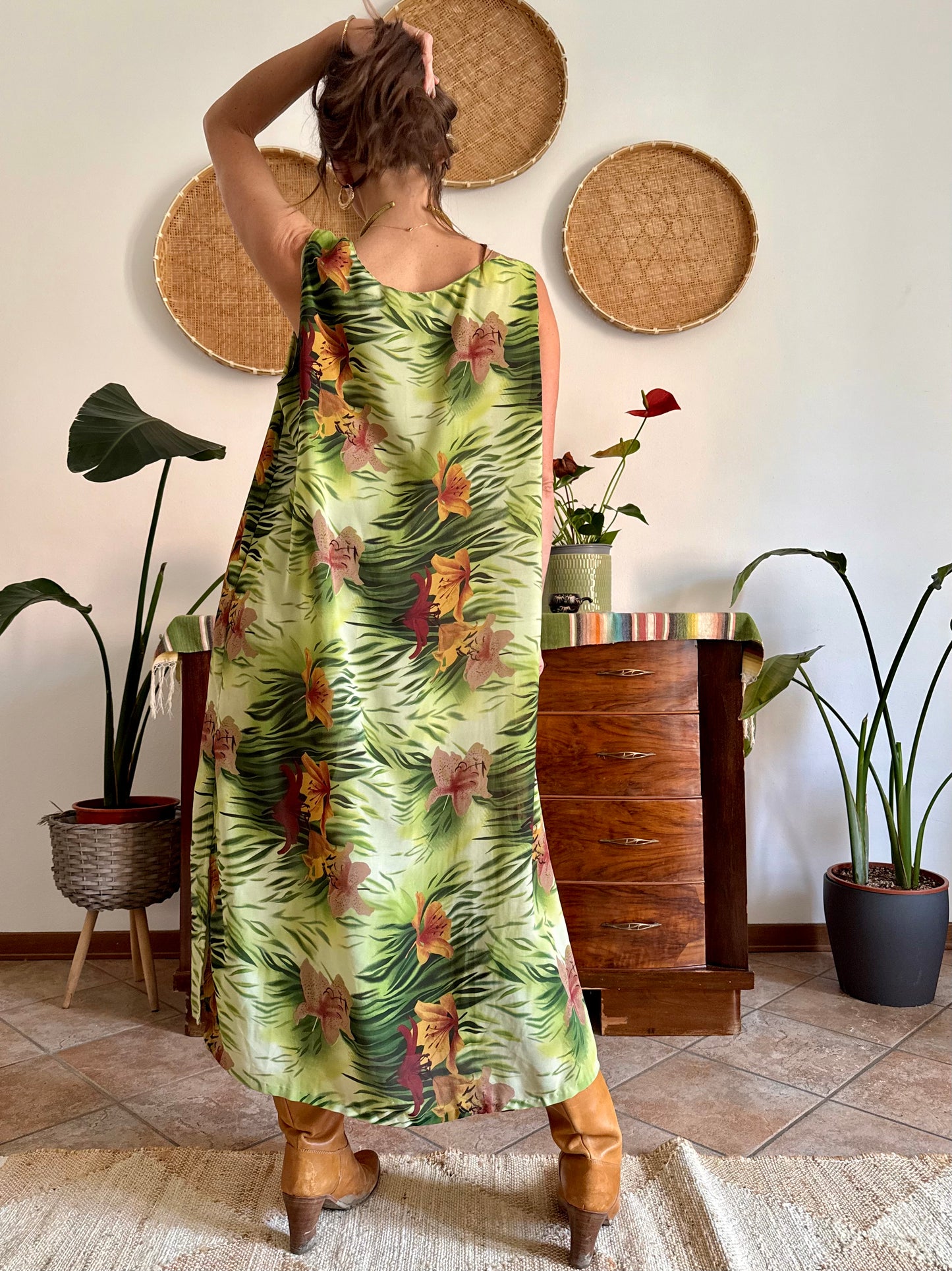1990's vintage green and burgundy safari print maxi dress