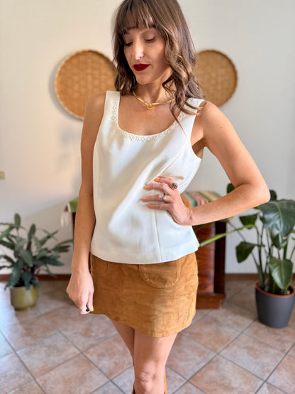 1990’s vintage cream structured sleeveless blouse with cream glass bead detailing