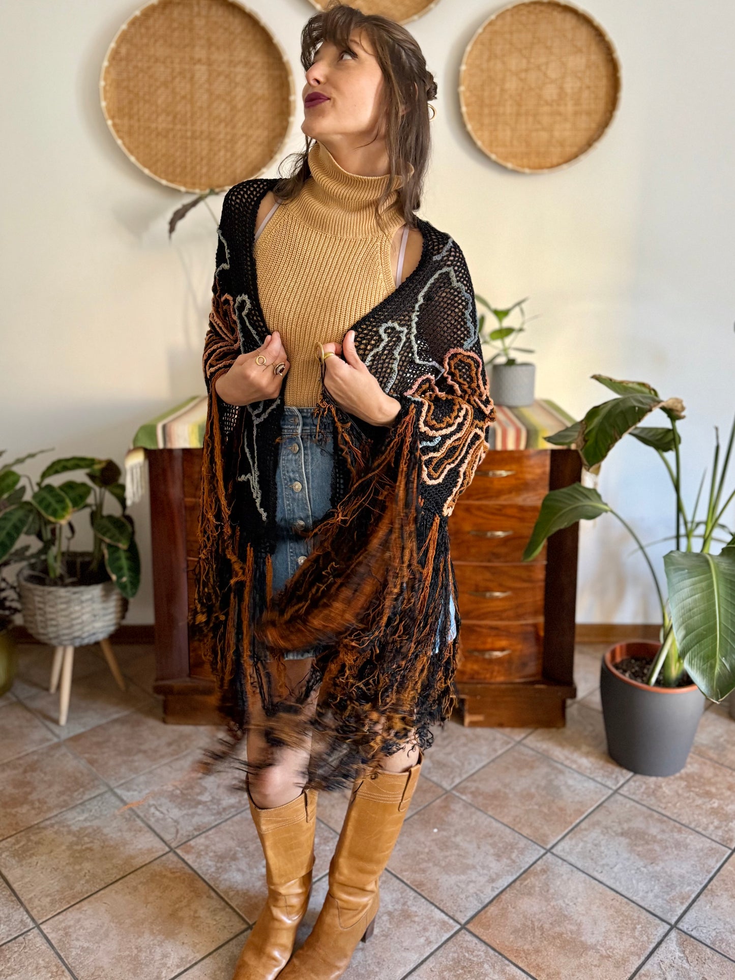 1970's vintage black and tan floral chenille knit shawl with fringe detailing