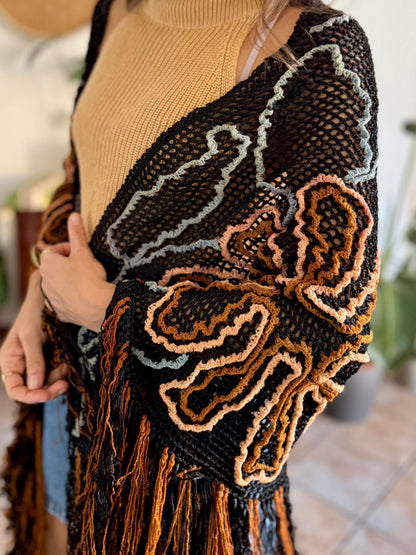 1970's vintage black and tan floral chenille knit shawl with fringe detailing
