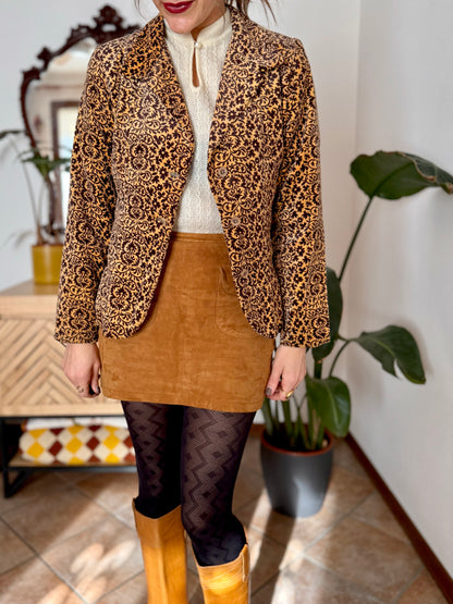 1970's vintage chocolate brown and butter yellow velvet floral blazer