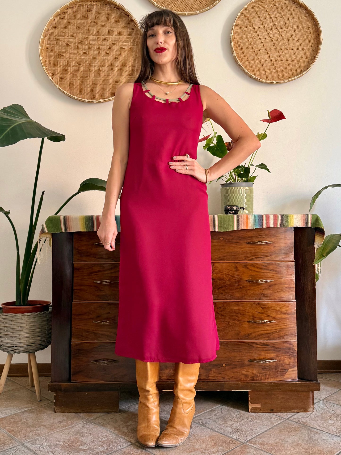 1990's vintage red and khaki reverable midi dress