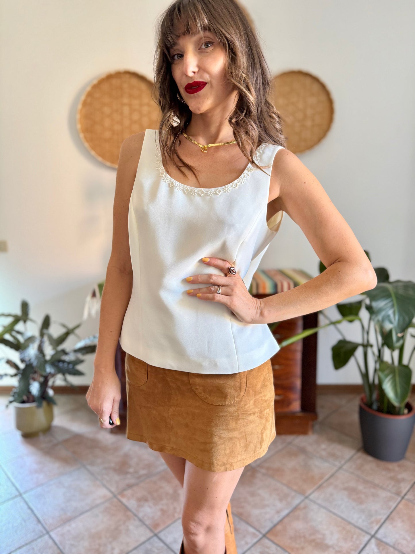 1990’s vintage cream structured sleeveless blouse with cream glass bead detailing