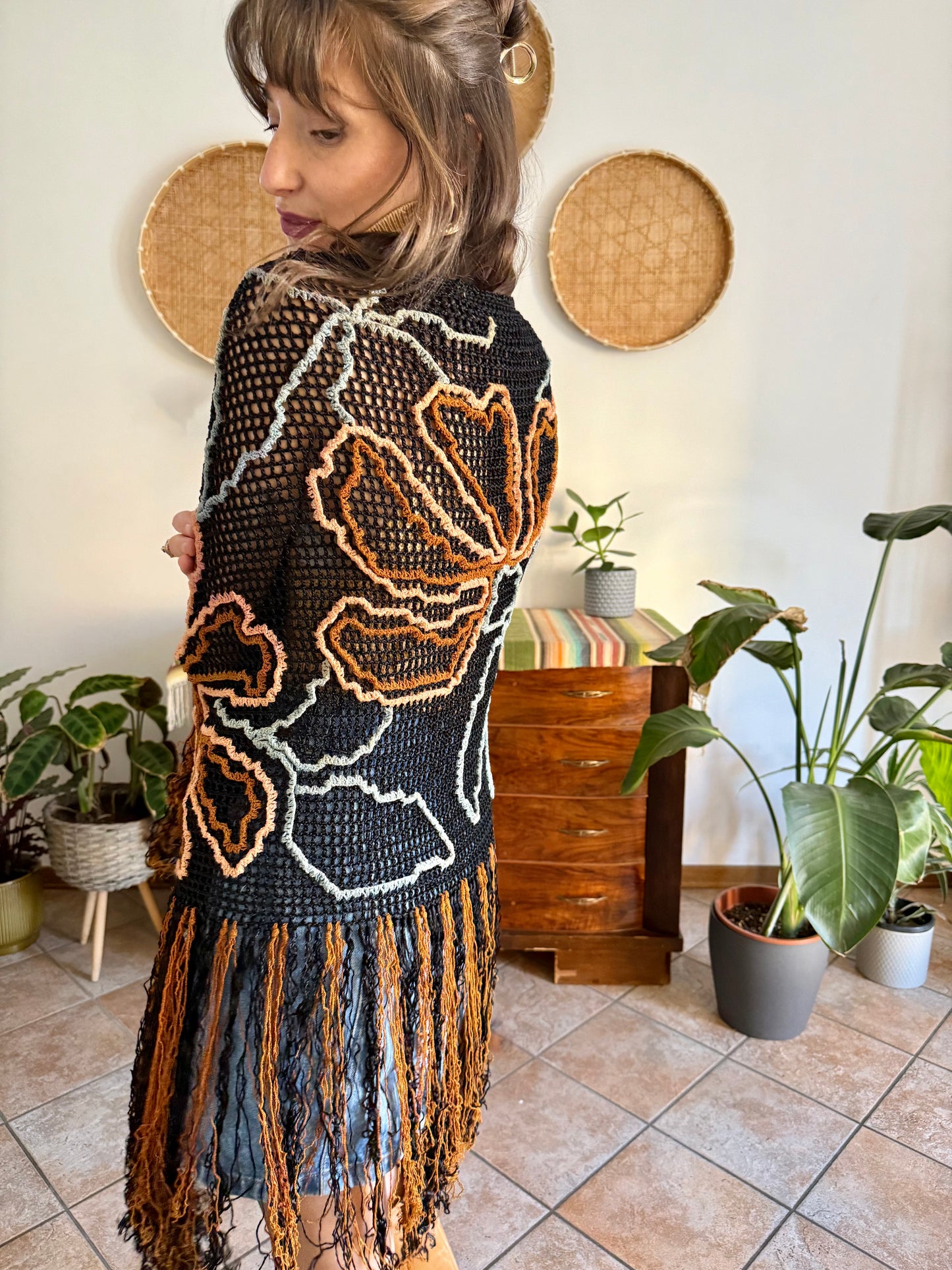 1970's vintage black and tan floral chenille knit shawl with fringe detailing