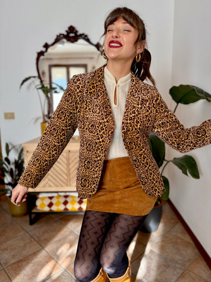 1970's vintage chocolate brown and butter yellow velvet floral blazer
