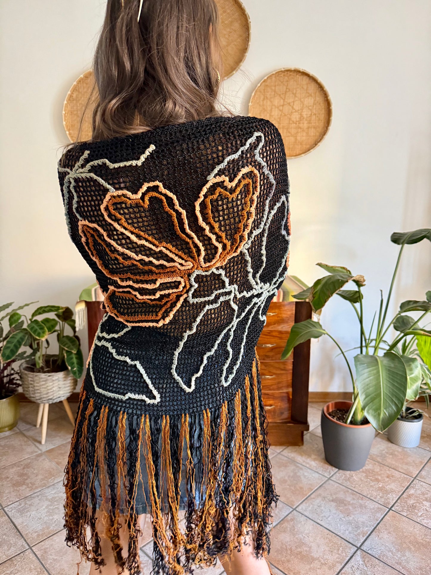 1970's vintage black and tan floral chenille knit shawl with fringe detailing