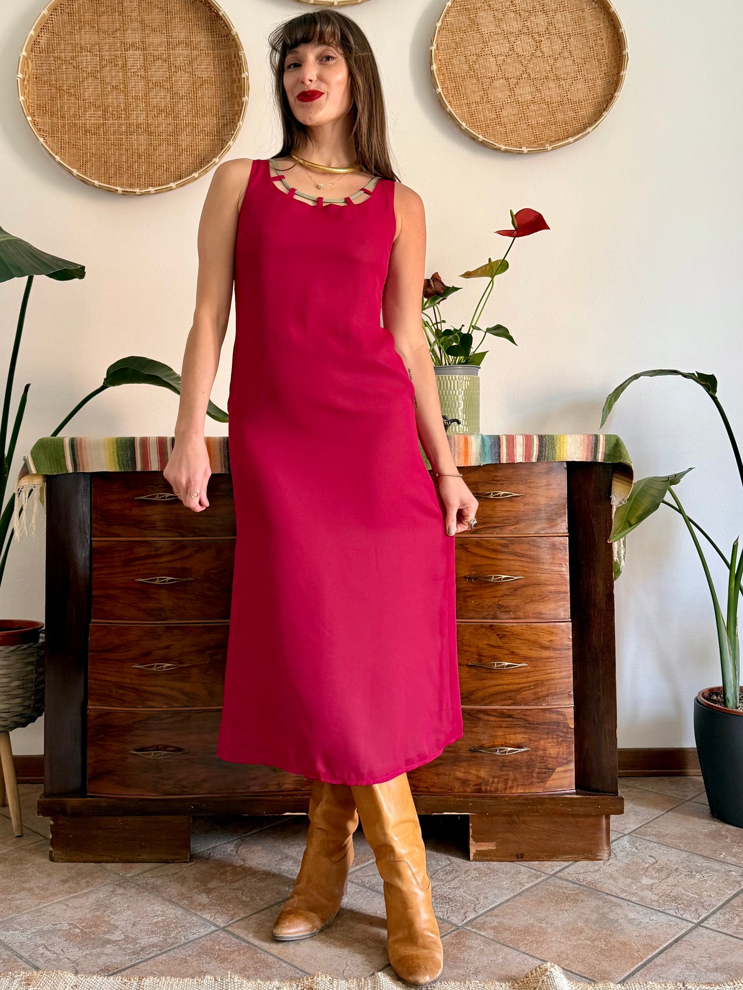 1990's vintage red and khaki reverable midi dress