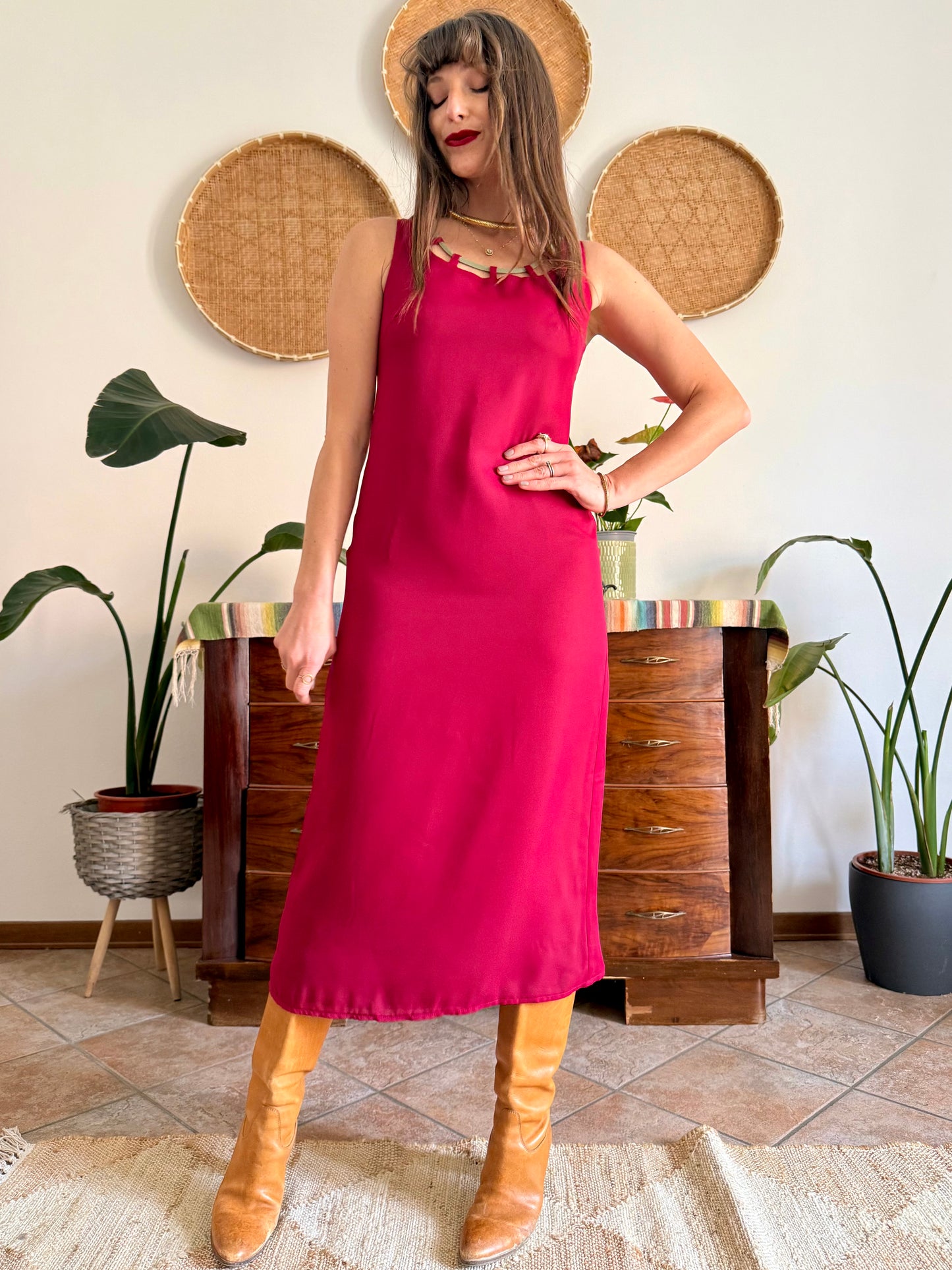 1990's vintage red and khaki reverable midi dress