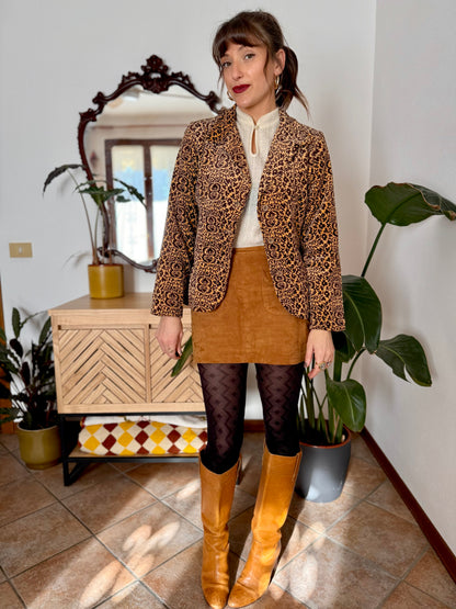 1970's vintage chocolate brown and butter yellow velvet floral blazer