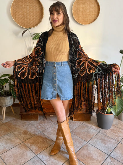 1970's vintage black and tan floral chenille knit shawl with fringe detailing