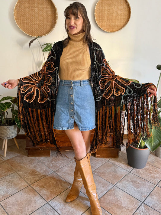 1970's vintage black and tan floral chenille knit shawl with fringe detailing
