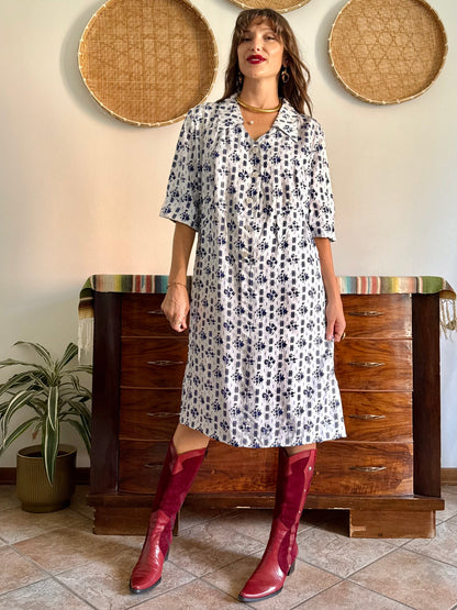 1960's vintage white and navy thick woven satin floral midi dress