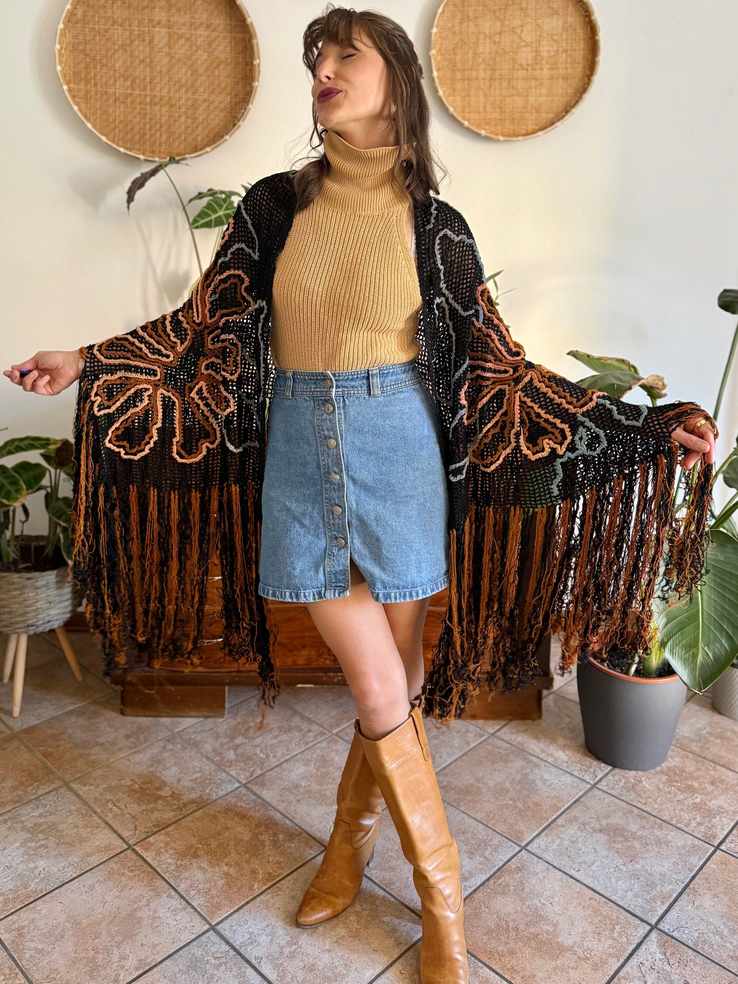 1970's vintage black and tan floral chenille knit shawl with fringe detailing